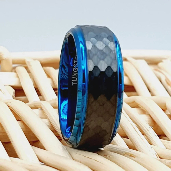 "Hammered Center Black & Blue Tungsten Wedding Band, GALTUN937 - Picture 2 of 5